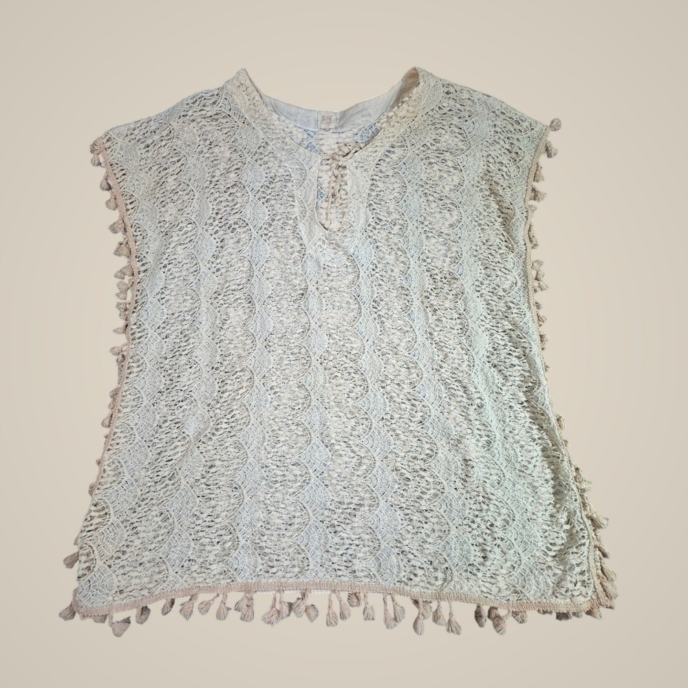 Surf Gypsy Womens Cream Crochet Lace Tassel Swim Cover Up Top Size M